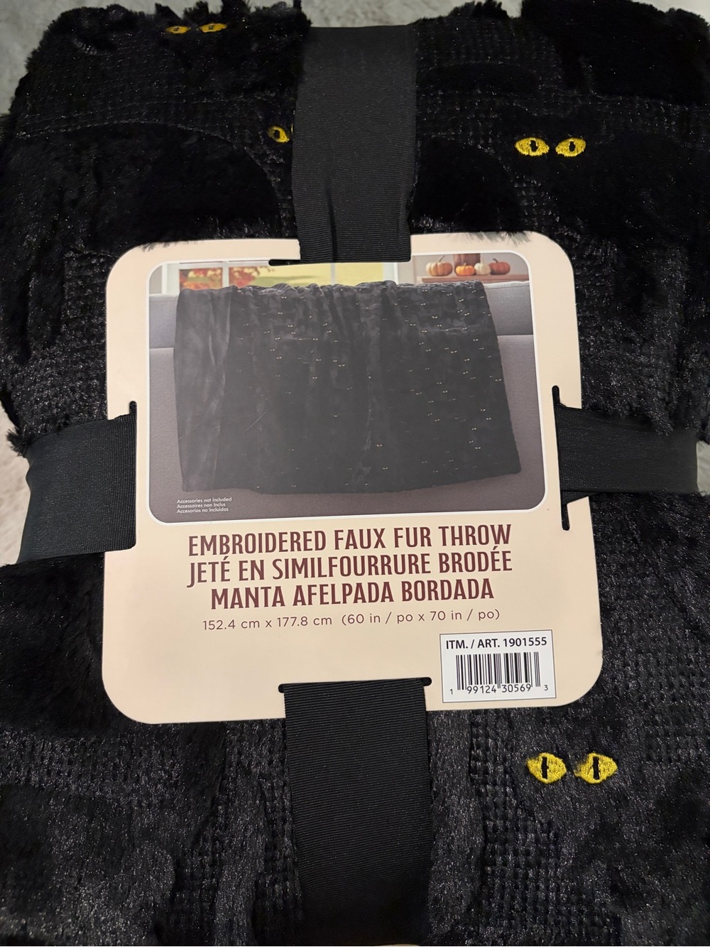 Northwest Embroidered Faux Fur Throw in Black with Yellow Accents-